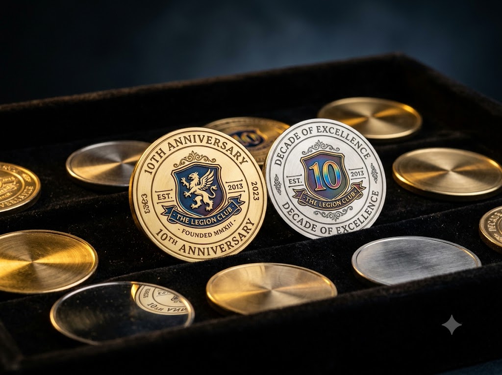 Monedas personalizadas grabadas en latón e inox con MOPA a color