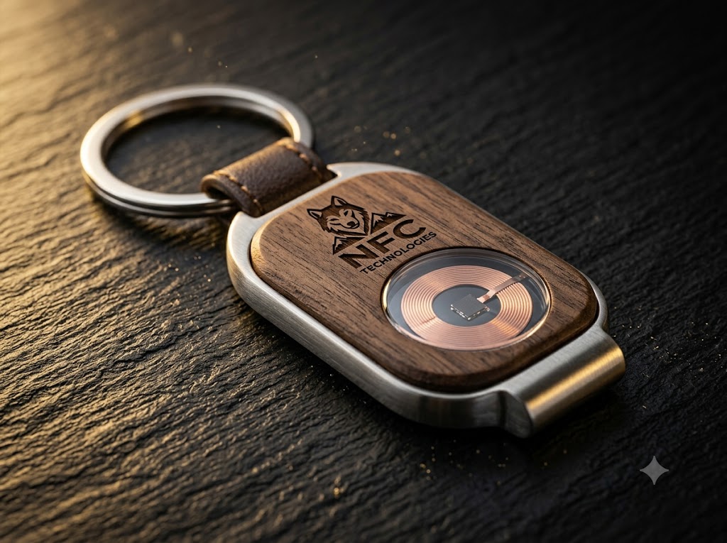 Llavero NFC premium en madera y metal con grabado láser
