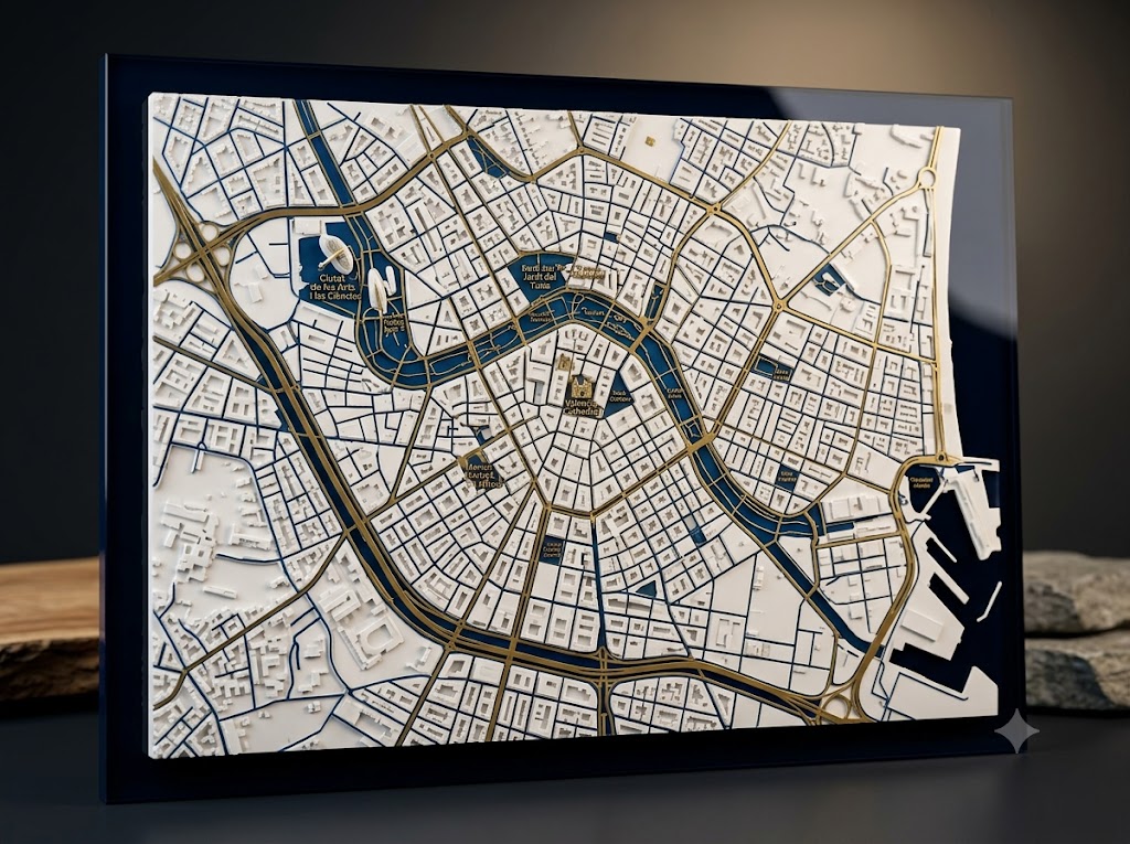 Mapa 3D personalizado de Valencia con impresión UV en oro y azul